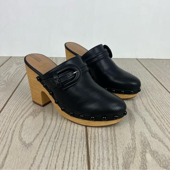 Sam Edelman Women's Nyla Studded Embellished Buckled Clogs 6.5 Black Waxy $140